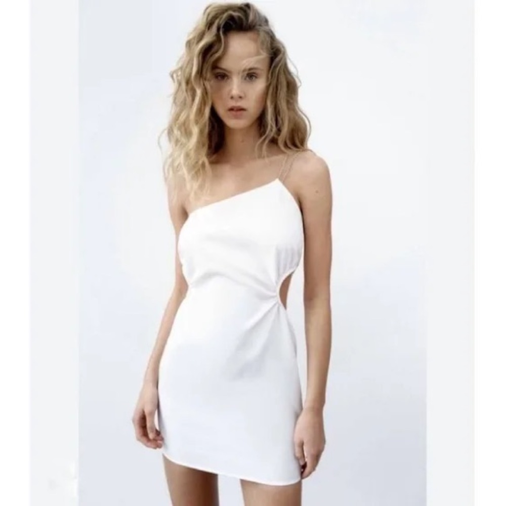 Zara white one shoulder cutout sides mini dress asymmetrical size L new with tag